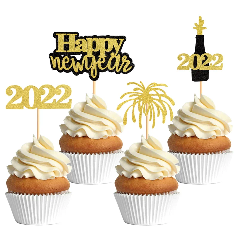4 Uds Feliz A&ntilde;o Nuevo Cupcake Topper selecciones de pastel para A&ntilde;o Nuevo 2022 Eve cumplea&ntilde;os Navidad tarta casera decoraci&oacute;n de fiesta bandera-0