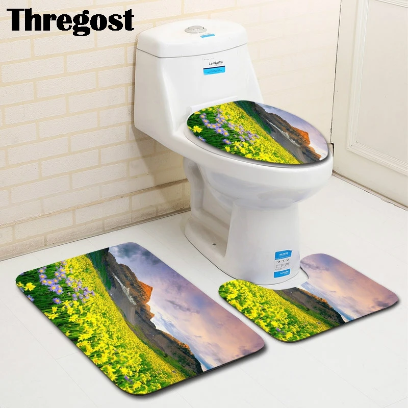 Красивый коврик для туалета с цветочным принтом 3 шт. в комплекте напольный душа