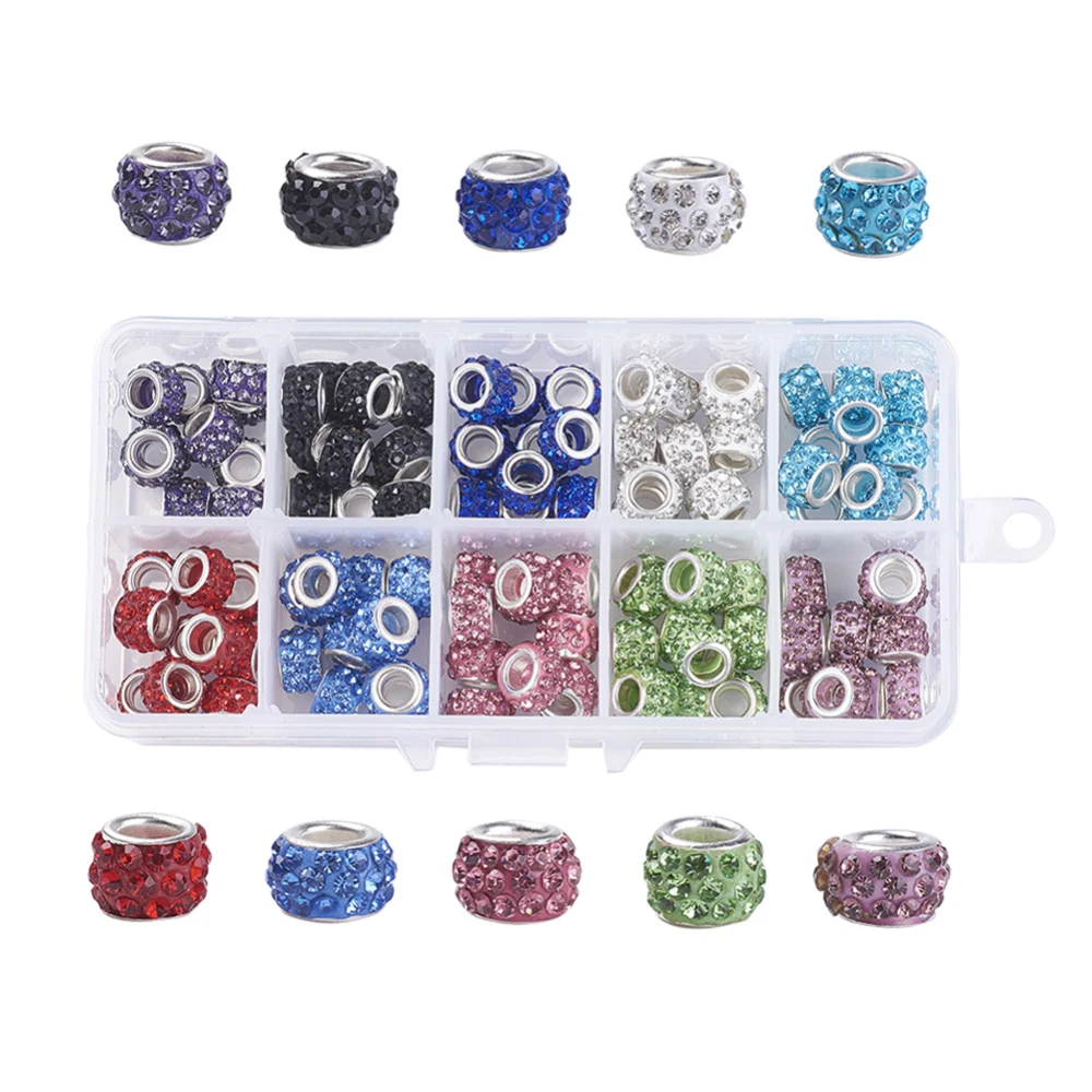 

100pcs Polymer Clay Rhinestone European Beads Rondelle Large Hole Beads For Jewelry Making Mixed Color 11~12x7~7.5m, Hole: 5mm
