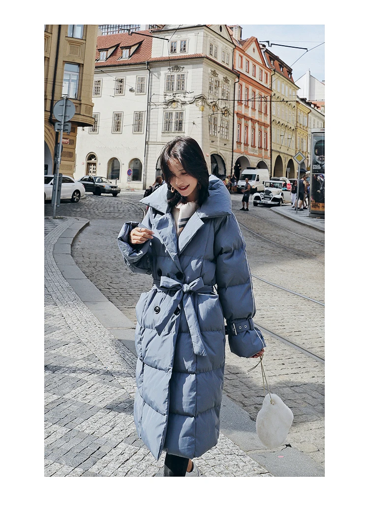 Hong Kong Style Thick Long Lace-up Cotton Coat Women's Winter Style Students Cotton-padded Jacket down Feather Cotton-padde