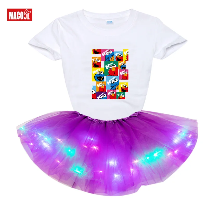 Girls Dress Clothing Sets Fashion Light LED Tutu Dress+t Shirt 2 Pcs Set 2020 Summer Girl T Shirts Rainbow Tutu Dress T Shirt
