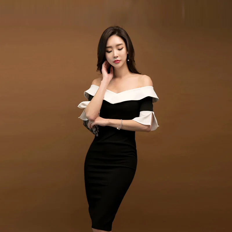 Женское офисное платье карандаш средней длины с открытыми плечами|Женские