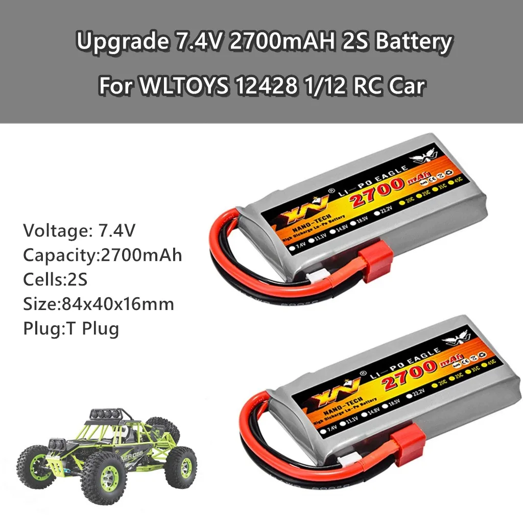 

2pcs Upgrade 7.4v 2700mah Li-po Battery For 12428 Rc Car Spare Part For Wltoys 12428 1/12 Rc Battery Charging Cable Buggy Truck