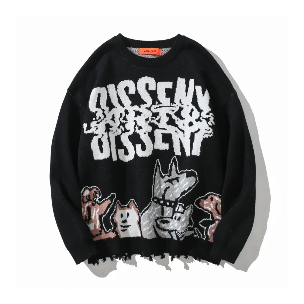 

Свитер Мужской трикотажный в стиле хип-хоп, парный пуловер оверсайз с мультяшным принтом собаки, Повседневная винтажная рваная одежда в сти...