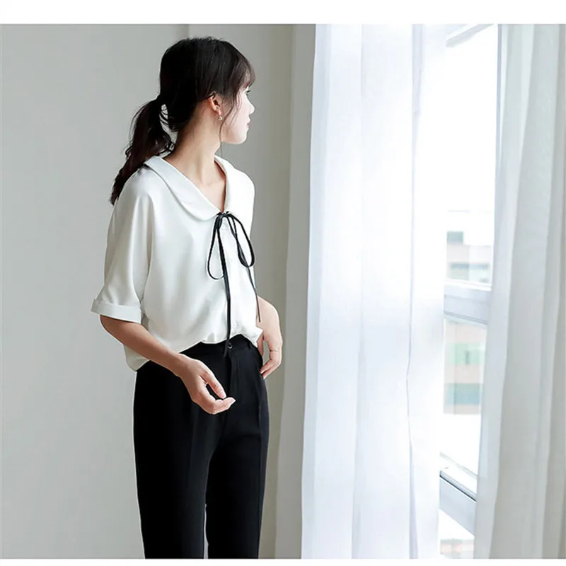 

2021 Summer Women Shirt Chiffon Solid Lace up Short Sleeve Casual Office Lady Female Blouse Fashion Girl Sweet All-match Tops