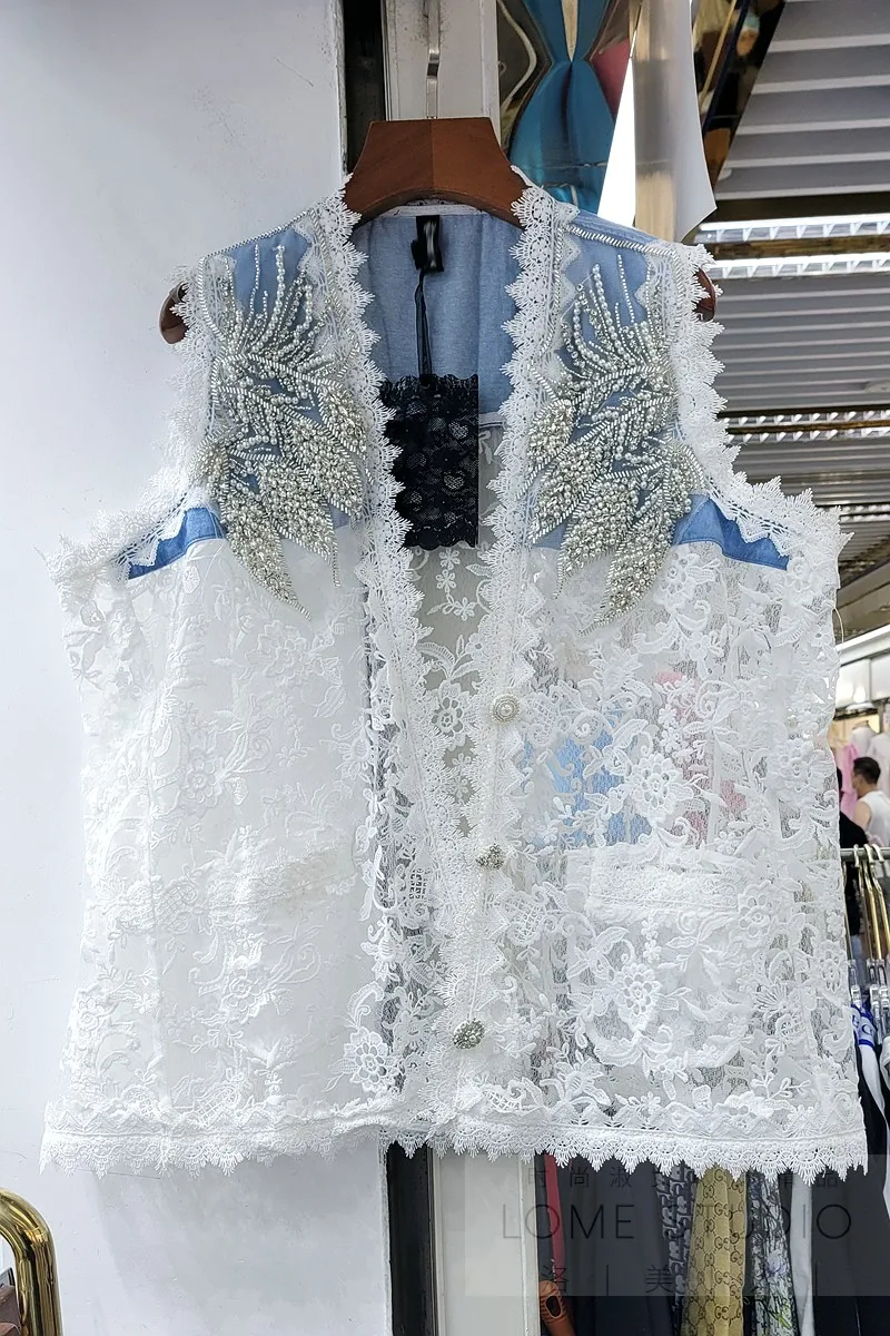 

Summer 2021 Elegant New Fashion V-neck Diamonds Lace Stitching Denim Vest High Street Hollow-out Sleeveless White Jeans Tank