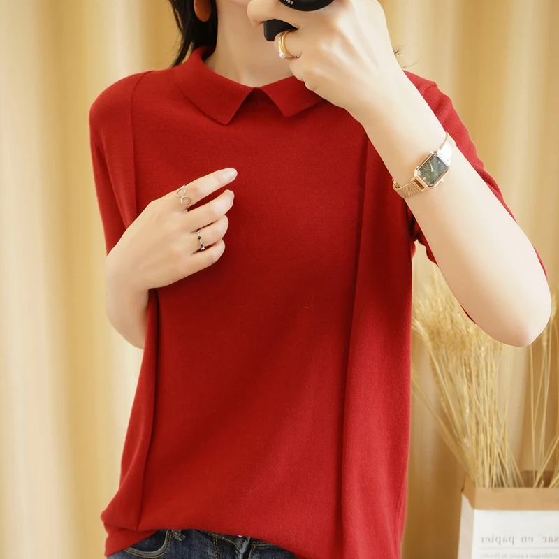 

Half-sleeved women all-match fashionable blouse cotton lovely neck Slim knit women's short style Solid color pullover
