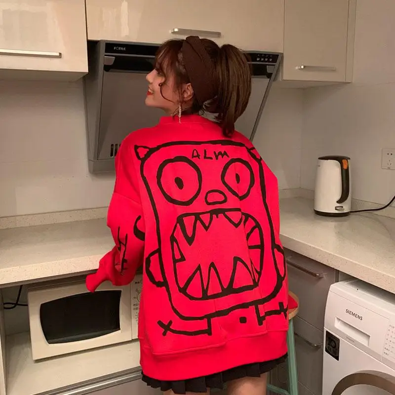 MISSKY New Women Sweatshirt Streetwear Loose Graffiti Cartoon Fleece Lined Pullover Jacket for Casual Campus in Autumn Winter | Женская