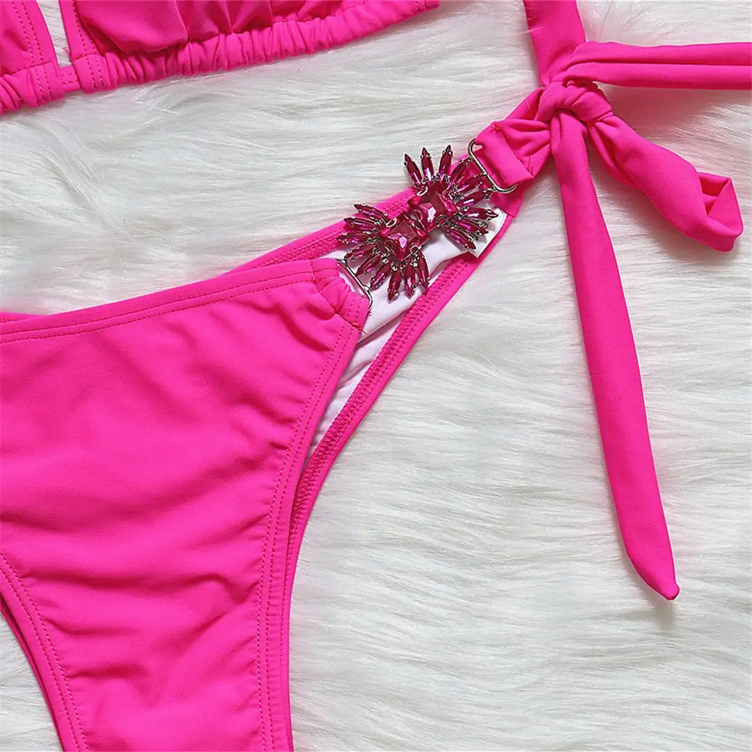 Сексуальный блестящий женский купальник с лямкой на шее комплект бикини из двух