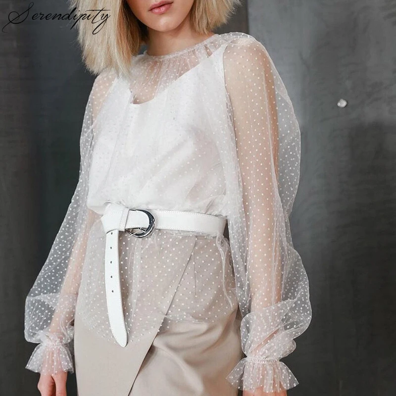 Белая кружевная Прозрачная женская блузка в горошек осенняя Уличная Сексуальная