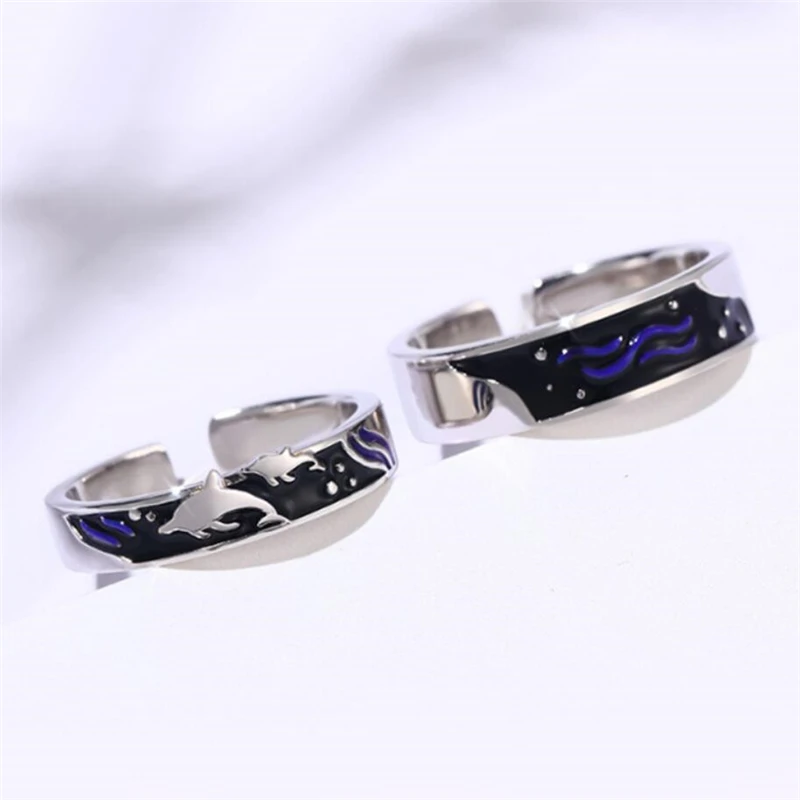 

Sole Memory Creativity Sea Whale Drop Glaze Couple Romantic Sweet 925 Sterling Silver Female Resizable Opening Rings SRI413