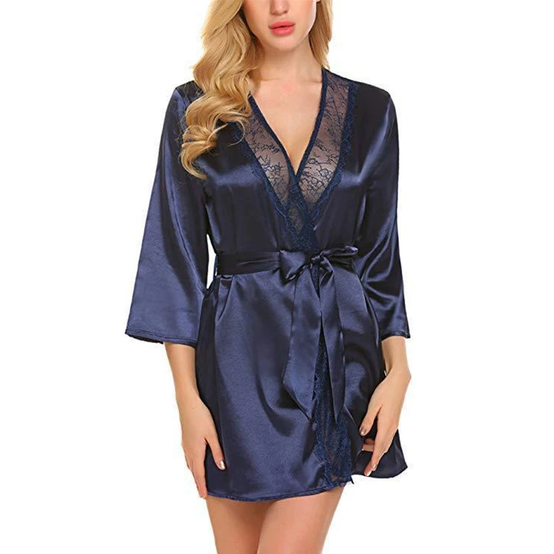 Navy Blue Сексуальное женское кружевное кимоно юката в японском стиле, 5 цветов, однотонная Пижама, платье, Восточный домашний халат для отдыха, элегантный спа-Халат - Цвет: Navy Blue