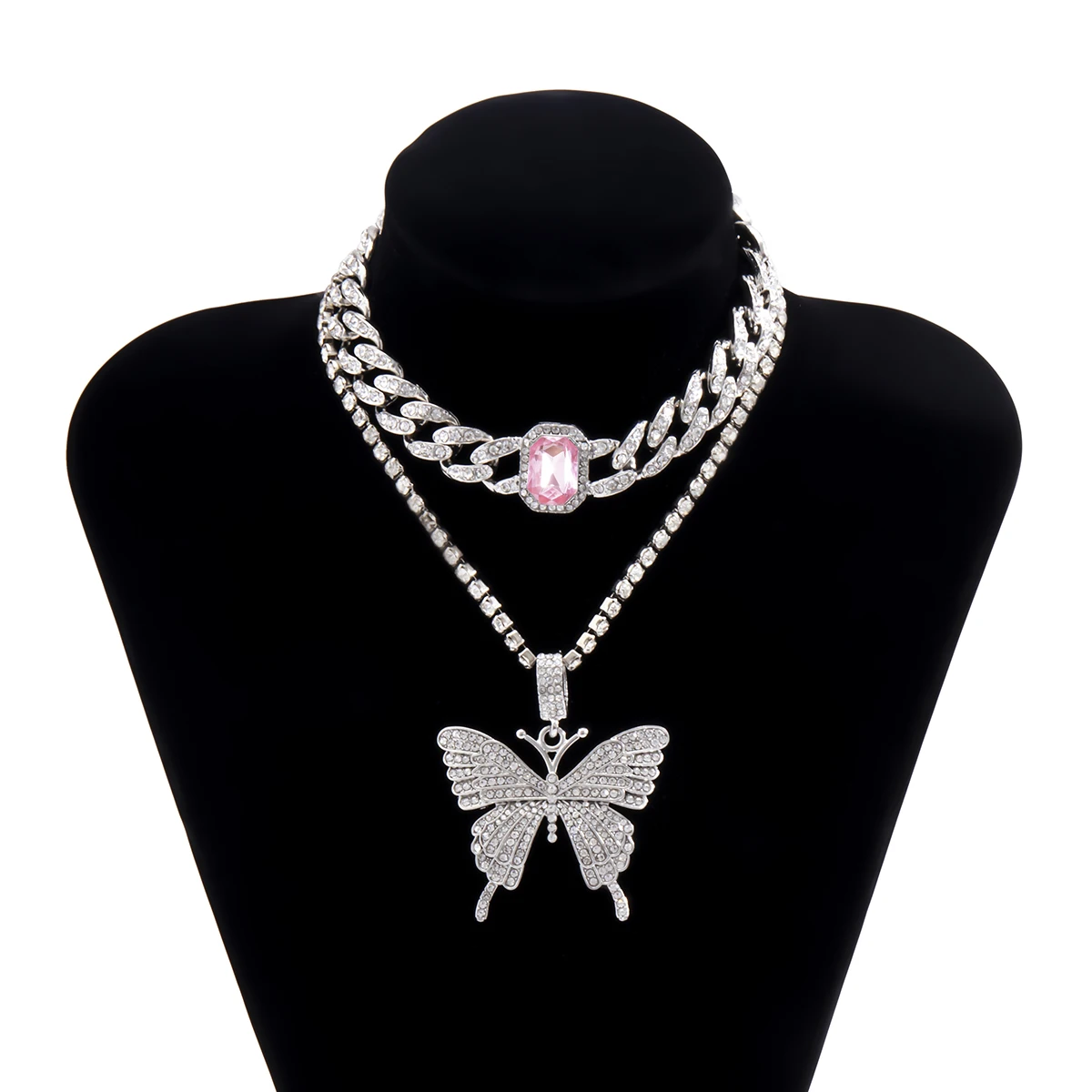 

KunJoe Iced Out Cuban Link Chain Butterfly Necklace Square gems Pendant Necklace Women Link Chain Choker Crystal Hip Hop Jewelry