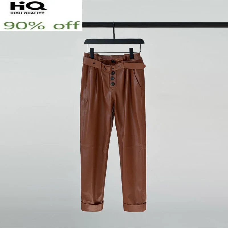 100% Sheepskin Leather Pants Female Trousers for Women Brown Pants Korean Fashion Spring Autumn 2022 Pantalones De Mujer Pph4068