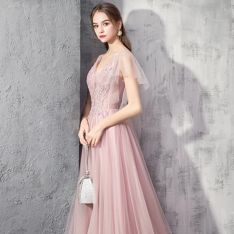Женское вечернее платье SSYFashion розовое элегантное для банкета с v образным