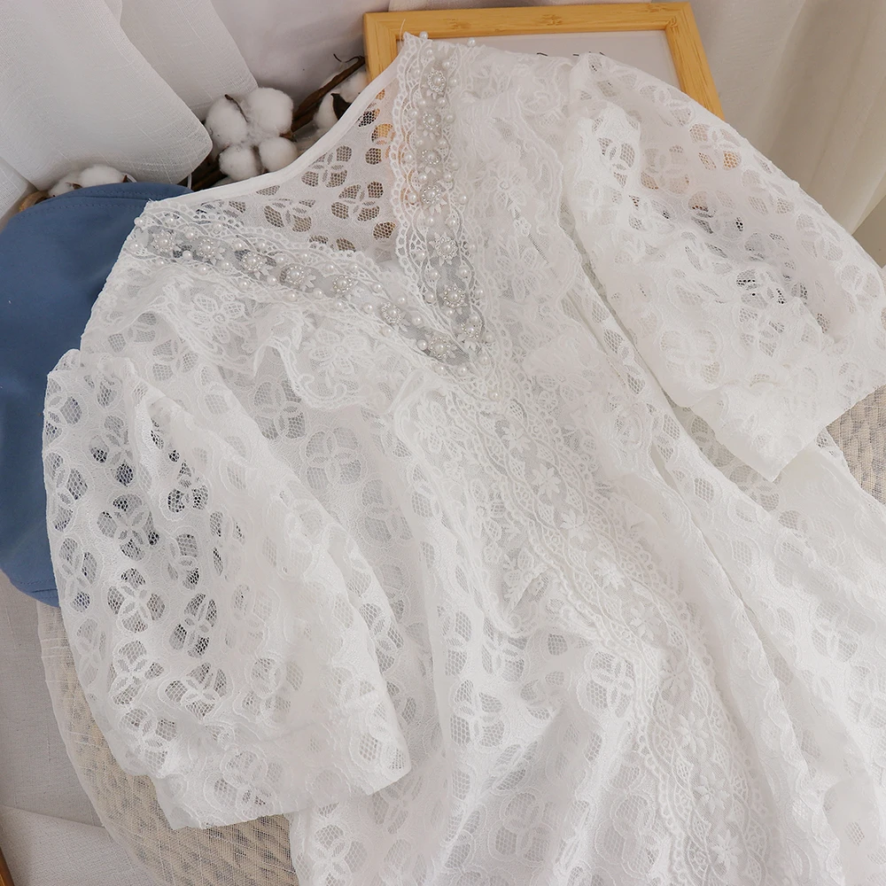 

Elegant Fashion Women V-neck Lace Ruffles Hollow Out Shirt Lady's Summer New Beading Short Puff Sleeve Solid Color Shirt