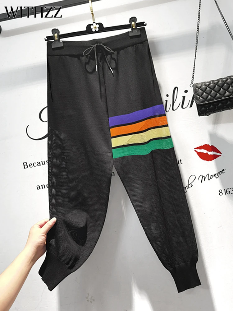

WITHZZ Women Spring Summer Fashion Hollow Out Knitted High Waist Trousers Female Loose Sports Casual Harem Pants