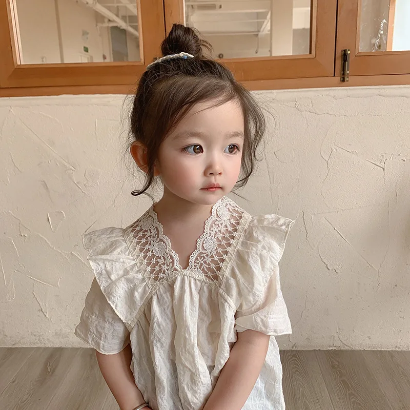 

Girls Short Sleeve 2021 Summer New Sweet Cute Lace Small V-neck Children Casual Solid Color Cotton Baby Shirt girls shirts