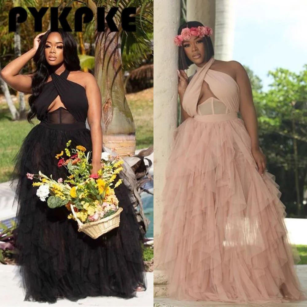 

2021 летние женские сексуальные вечерние платья с лямкой на шее, без рукавов, с открытой спиной с высокой талией оборки сетка полу-Длина плать...