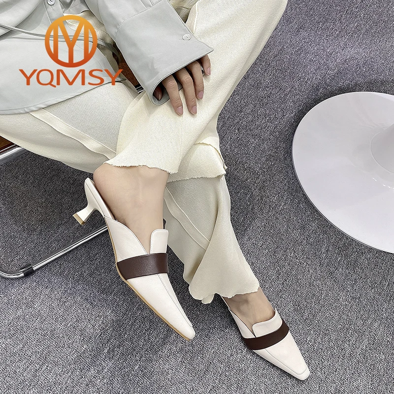 

YQMSYNA Casual Slippers Women Genuine Leather Thin Heels Mixed Colors Slippers Summer Convenient Outside Concise Shoes AS137