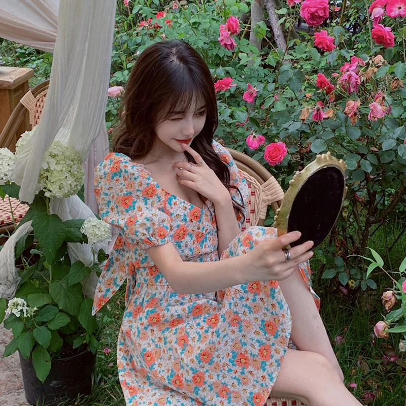 

One Piece Dress Korean Women Casual Short Sleeve Vingate Floral Dress Female Beach Design Bandage Mini Dress Kawaii 2021 Summer