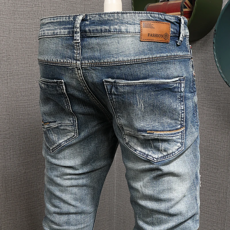 European American Vintage Fashion Men Jeans Retro Blue Elastic Slim Fit Ripped Jeans Men Distressed Designer Denim Pencil Pants