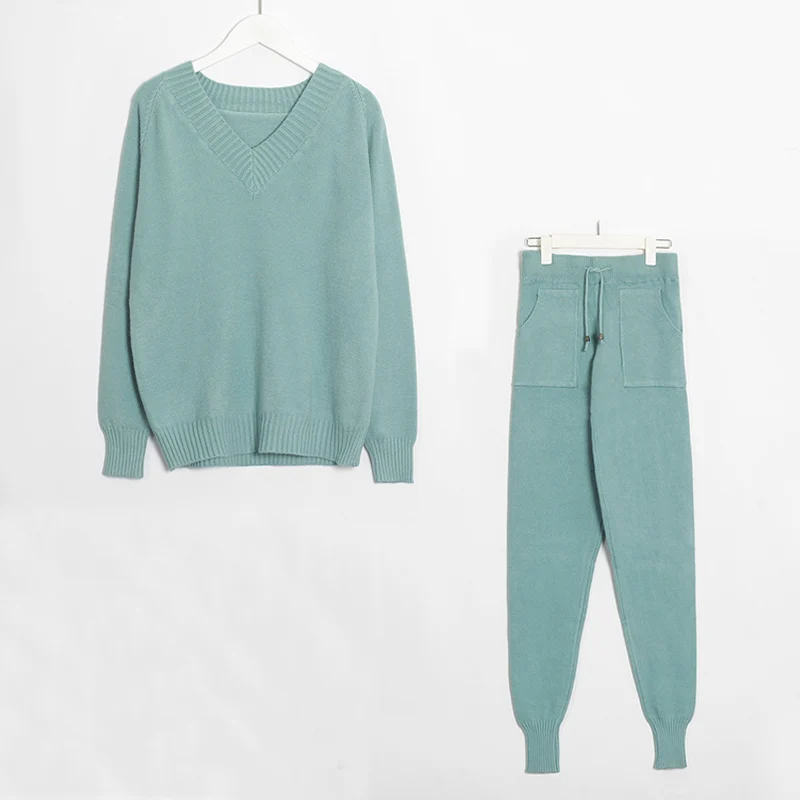 

Зимний вязаный костюм из Свитера и повседневных комплектов, свитер с V-образным вырезом и длинные брюки с карманами, однотонные комплекты из...