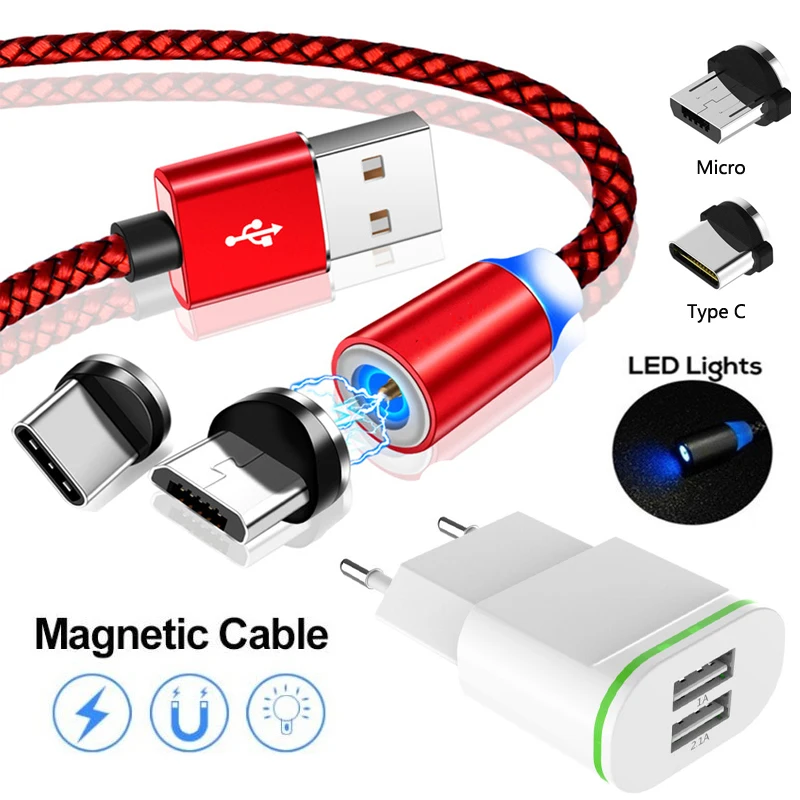 Магнитный USB Micro Typc C кабель для Samsung S6 S7 S8 S9 S10 Huawei P10 P20 P30 Redmi 5 6 7 7A 2 порта зарядное