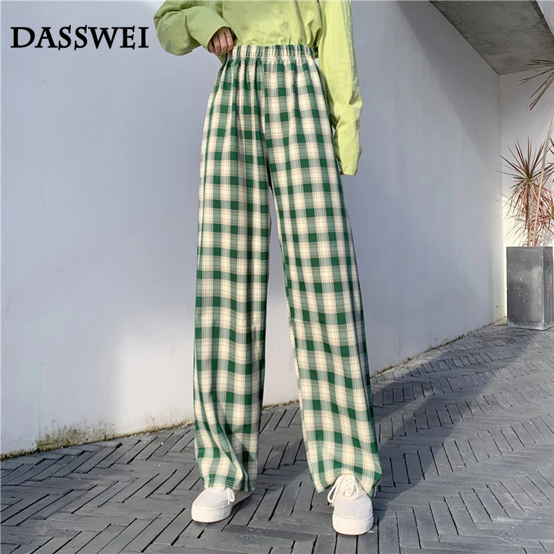 

Модные клетчатые широкие брюки DASSWEI для женщин, повседневные эластичные свободные длинные прямые брюки с высокой талией, женская уличная од...