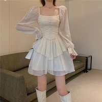 casual women square collar front fake buttons ruched dress female mini ruffles retro dress holiday ruched dresses robe vestidos