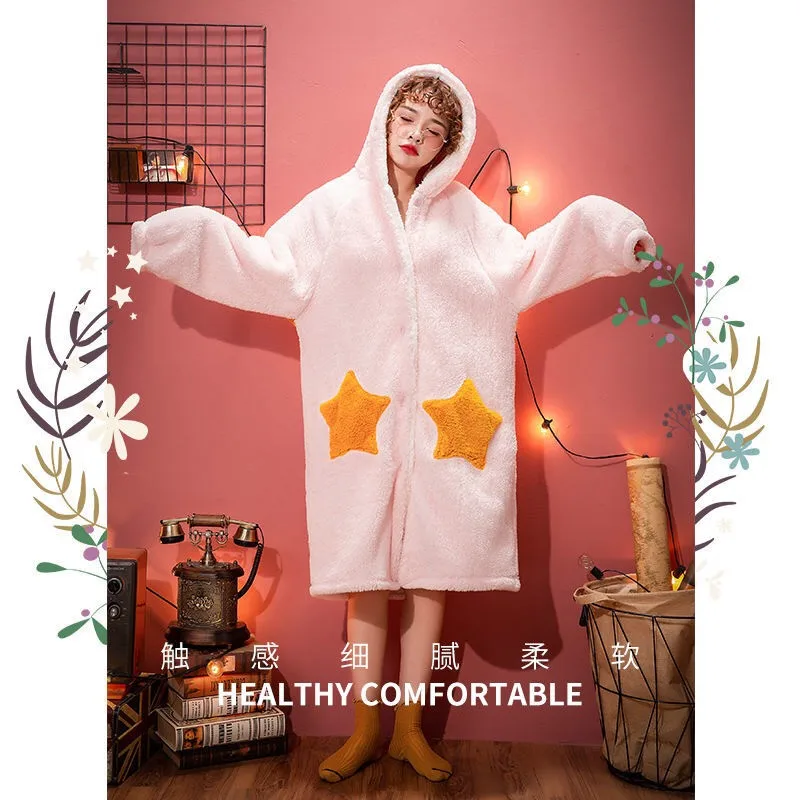 Winter Women Nightgowns Winter Hooded Nightdress For Women Loose Warm Flannel Robes Plus Size Womens Sleepwear