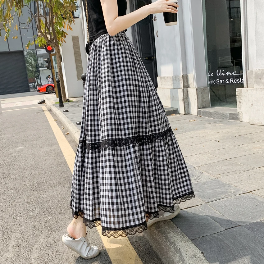 

Vintage Plaid Skirts Women 2021 Summer Autumn High Waist Long Skirt Plus Size Women A-Line Skirts Faldas Jupe Femme