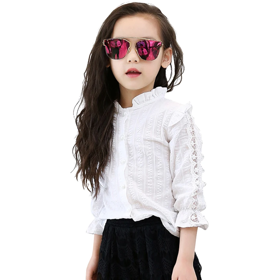 Белая кружевная блузка с длинным рукавом для девочек 4 14 лет|Блузки и рубашки| |