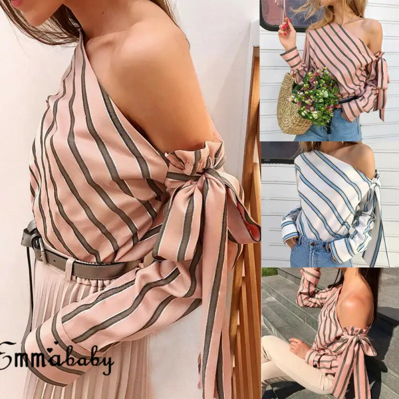 Женская блузка в полоску с открытыми плечами и длинным рукавом|Блузки| |