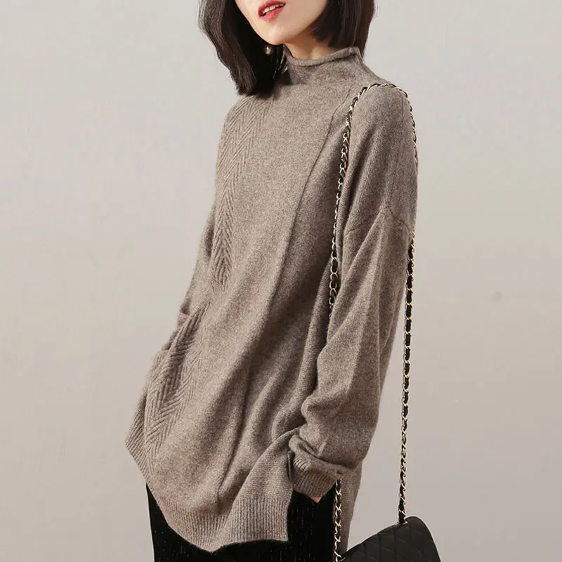 Свитер женский кашемировый вязаный пуловер с высоким воротником Свободный