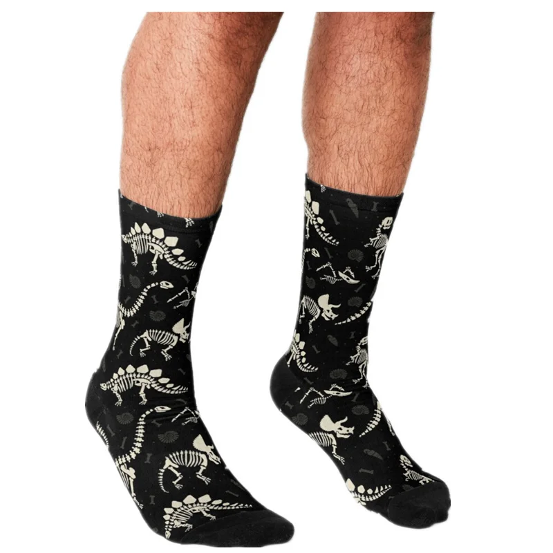 

Winter Funny Men Socks harajuku Dinosaur Fossils in Black Printed Happy hip hop Man Socks art Novelty Crew Casual Socks