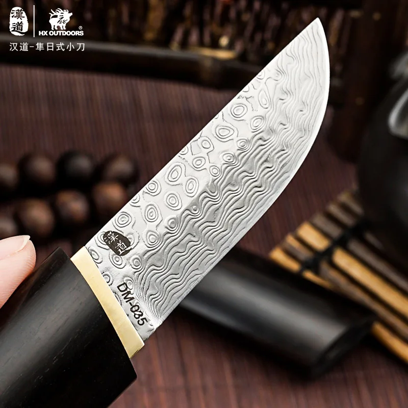 Нож из дамасской стали клинок с черной ручкой для кемпинга и пешего туризма