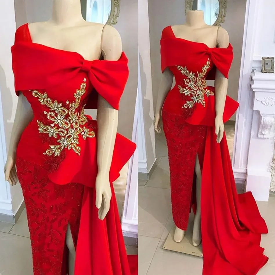 

Red Split Evening Dresses Long Bead Formal Gowns Applique vestido de fiesta abiye Evening Dress Overlay robe de soiree