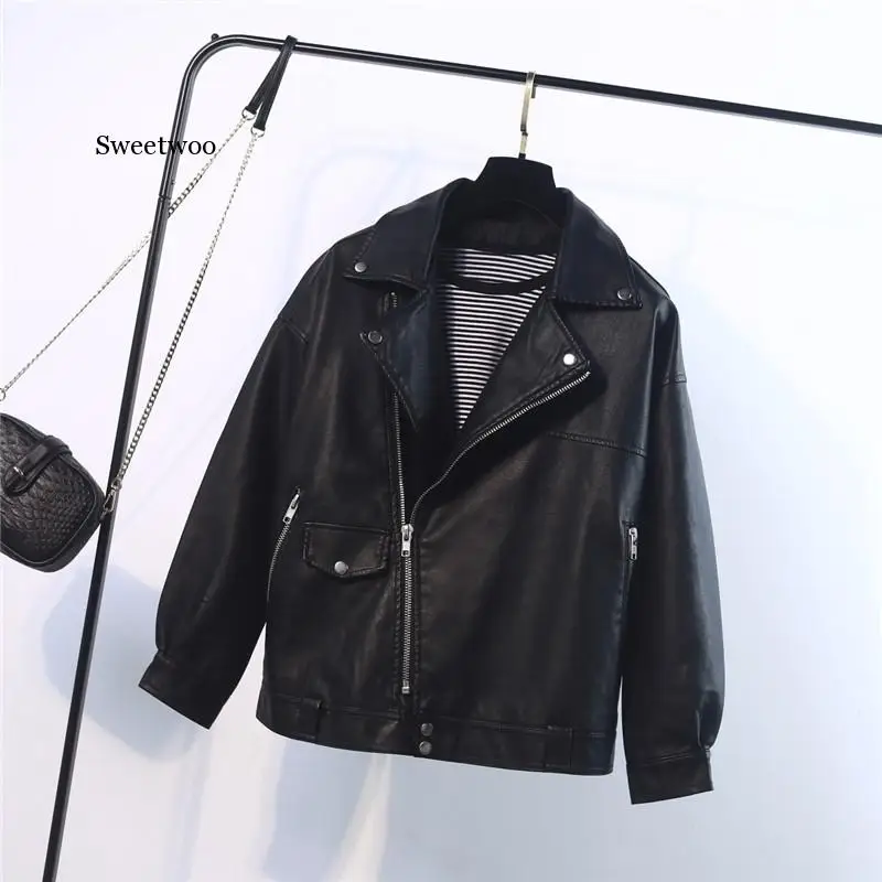 Faux Pu Leather Jacket For Women Casual  Loose Outwear Motorcycle Biker Punk Streetwear Jackets Coat Female