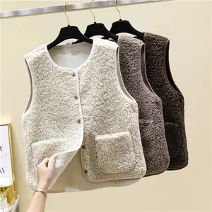 Женский Осенний теплый плюшевый жилет без рукавов из овечьей шерсти, Корейская версия, свободный меховой короткий жилет, верхняя одежда, куртка