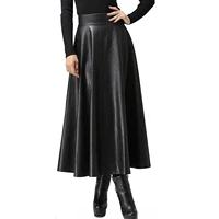new fashion autumn and winter womens high waist imitation leather skirt medium long black dress