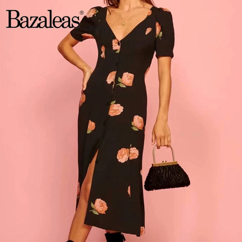 Женское винтажное платье-миди Bazaleas Черное вечернее платье с цветочным принтом и