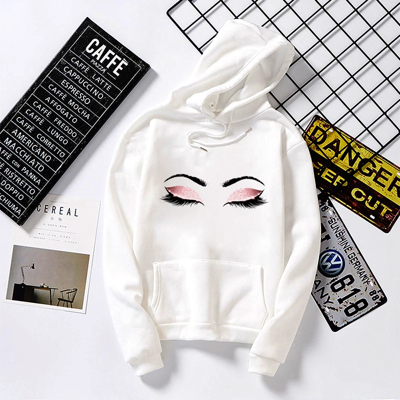 

Women's Hoodie Sweatshirt Korean Tops Oversized Hoodie Woman Harajuku Eyelash Lips Printed Pullover Hoodie White Tops New Winter