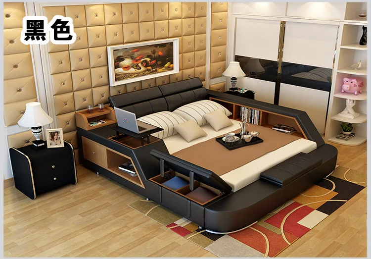 Современные мягкие кровати с рамой из натуральной кожи и хранением мебель для