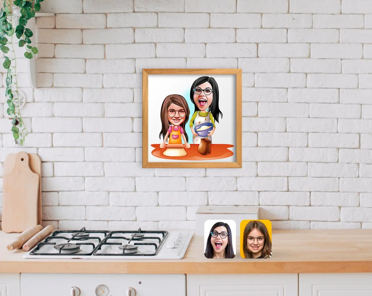 

BK Home Mother Girl карикатура ручной работы в деревянной рамке Tablo-2