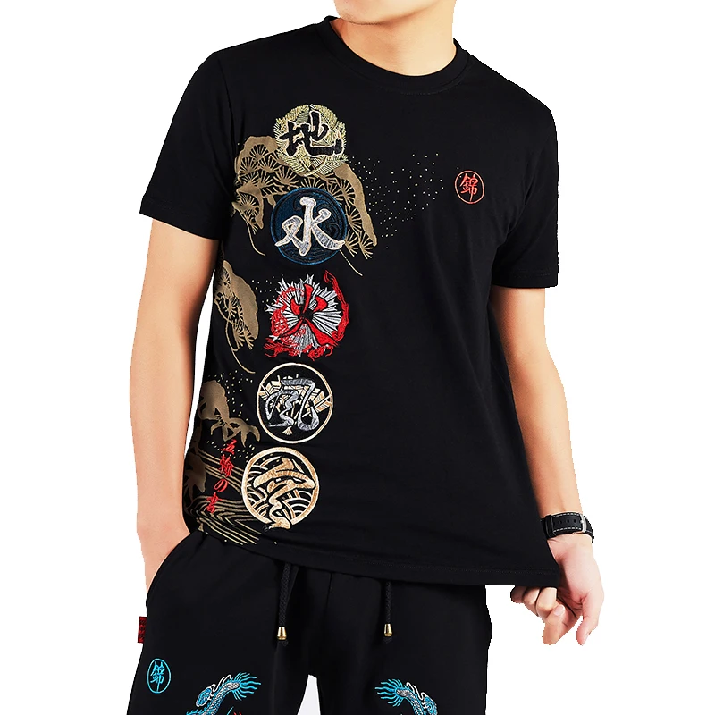 Футболка в японском стиле Мужская футболка с короткими рукавами и вышивкой