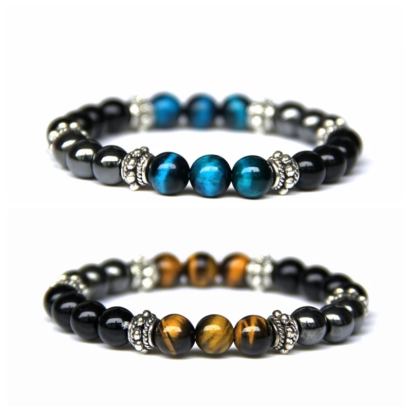 Мужской браслет из натурального камня тигровый глаз 8 мм круглые черные