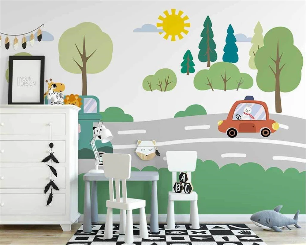 

beibehang Customize new nordic hand-painted cartoon small animal road car wall papers home decor children background wallpaper