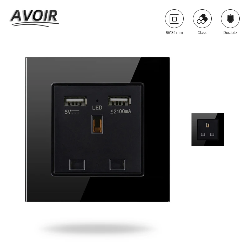 

Avoir Uk Standard Socket For Mobile Adapter Wall Household Socket Led indicator 13A Power Socket Glass Panel