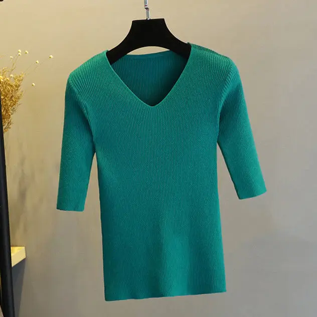 

White T Shirt Half Sleeve V Neck T Shirts For Women Korea Style Knitted Ladies Tops Casual